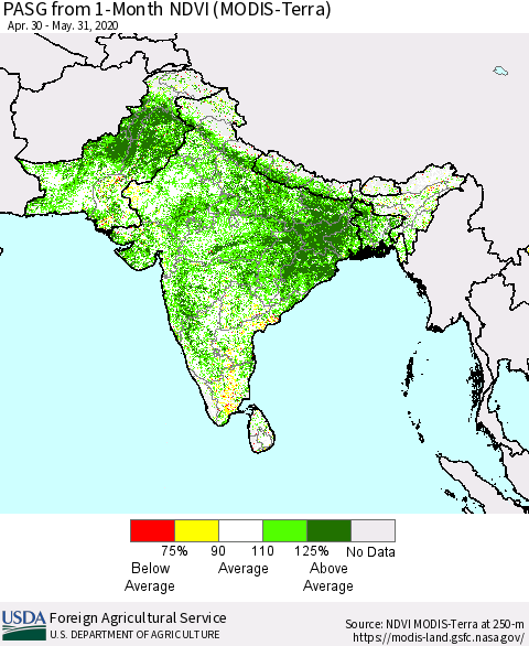 Southern Asia PASG from 1-Month NDVI (Terra-MODIS) Thematic Map For 5/21/2020 - 5/31/2020
