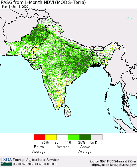 Southern Asia PASG from 1-Month NDVI (Terra-MODIS) Thematic Map For 6/1/2020 - 6/10/2020