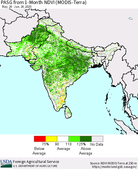 Southern Asia PASG from 1-Month NDVI (Terra-MODIS) Thematic Map For 6/21/2020 - 6/30/2020