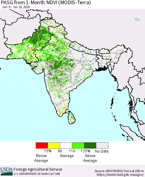 Southern Asia PASG from 1-Month NDVI (Terra-MODIS) Thematic Map For 7/1/2020 - 7/10/2020
