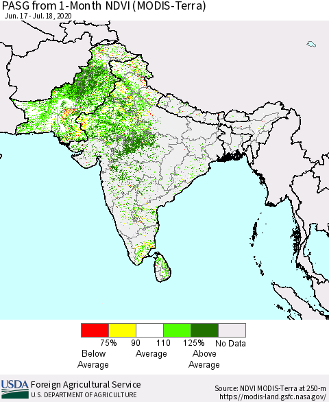 Southern Asia PASG from 1-Month NDVI (Terra-MODIS) Thematic Map For 7/11/2020 - 7/20/2020