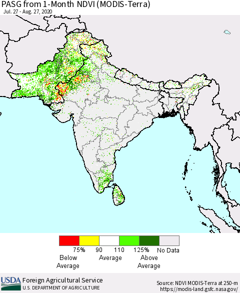 Southern Asia PASG from 1-Month NDVI (Terra-MODIS) Thematic Map For 8/21/2020 - 8/31/2020
