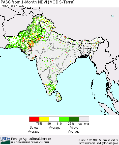 Southern Asia PASG from 1-Month NDVI (Terra-MODIS) Thematic Map For 9/1/2020 - 9/10/2020