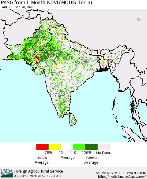 Southern Asia PASG from 1-Month NDVI (Terra-MODIS) Thematic Map For 9/11/2020 - 9/20/2020