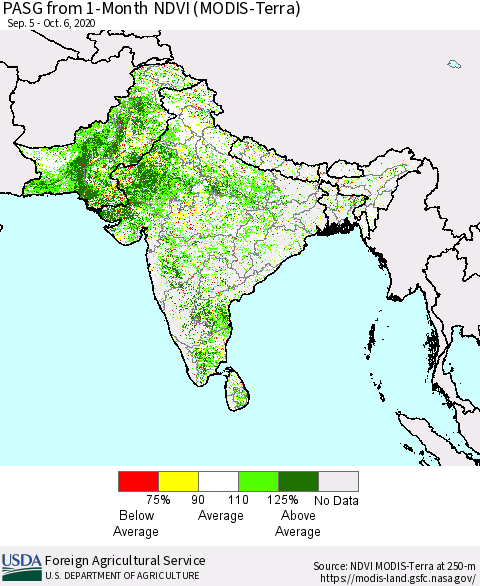 Southern Asia PASG from 1-Month NDVI (Terra-MODIS) Thematic Map For 10/1/2020 - 10/10/2020