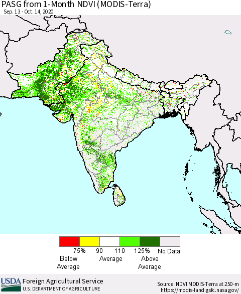 Southern Asia PASG from 1-Month NDVI (Terra-MODIS) Thematic Map For 10/11/2020 - 10/20/2020