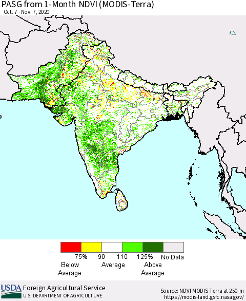 Southern Asia PASG from 1-Month NDVI (MODIS-Terra) Thematic Map For 11/1/2020 - 11/10/2020
