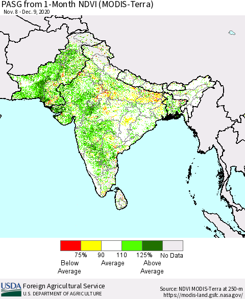 Southern Asia PASG from 1-Month NDVI (Terra-MODIS) Thematic Map For 12/1/2020 - 12/10/2020