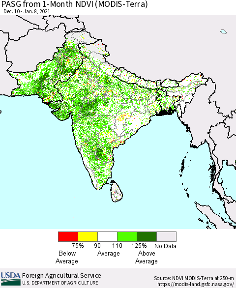 Southern Asia PASG from 1-Month NDVI (Terra-MODIS) Thematic Map For 1/1/2021 - 1/10/2021