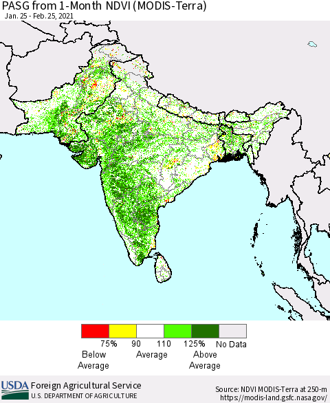 Southern Asia PASG from 1-Month NDVI (Terra-MODIS) Thematic Map For 2/21/2021 - 2/28/2021