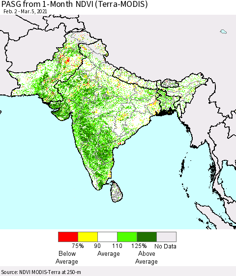 Southern Asia PASG from 1-Month NDVI (Terra-MODIS) Thematic Map For 2/26/2021 - 3/5/2021