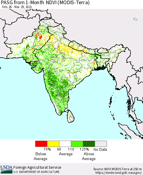 Southern Asia PASG from 1-Month NDVI (MODIS-Terra) Thematic Map For 3/21/2021 - 3/31/2021