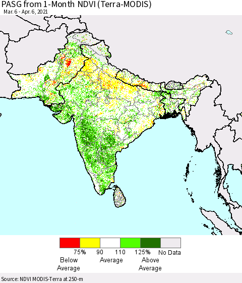 Southern Asia PASG from 1-Month NDVI (Terra-MODIS) Thematic Map For 3/30/2021 - 4/6/2021