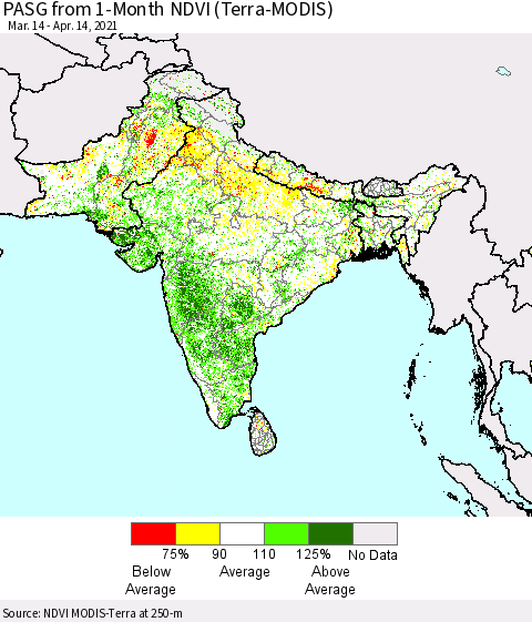 Southern Asia PASG from 1-Month NDVI (Terra-MODIS) Thematic Map For 4/7/2021 - 4/14/2021