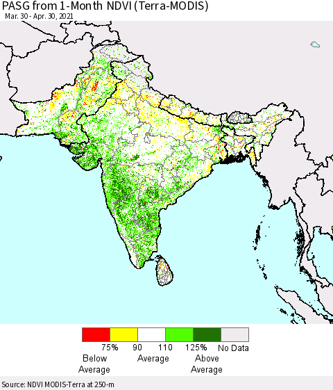 Southern Asia PASG from 1-Month NDVI (Terra-MODIS) Thematic Map For 4/21/2021 - 4/30/2021