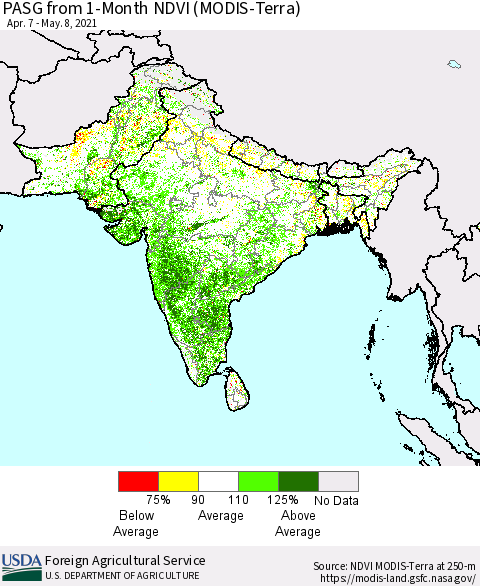 Southern Asia PASG from 1-Month NDVI (Terra-MODIS) Thematic Map For 5/1/2021 - 5/10/2021