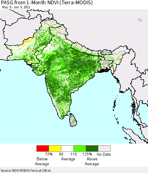 Southern Asia PASG from 1-Month NDVI (Terra-MODIS) Thematic Map For 6/2/2021 - 6/9/2021