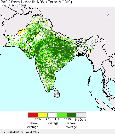 Southern Asia PASG from 1-Month NDVI (Terra-MODIS) Thematic Map For 6/10/2021 - 6/17/2021