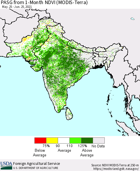 Southern Asia PASG from 1-Month NDVI (Terra-MODIS) Thematic Map For 6/21/2021 - 6/30/2021