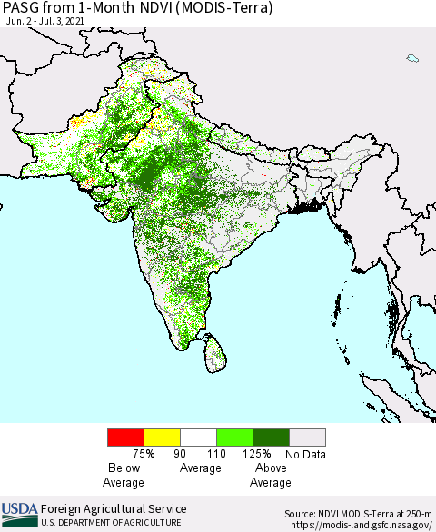 Southern Asia PASG from 1-Month NDVI (Terra-MODIS) Thematic Map For 7/1/2021 - 7/10/2021