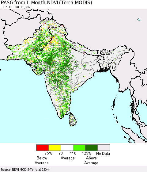 Southern Asia PASG from 1-Month NDVI (Terra-MODIS) Thematic Map For 7/4/2021 - 7/11/2021