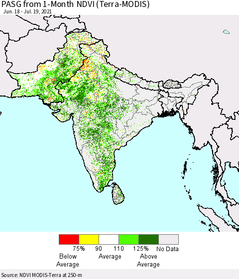 Southern Asia PASG from 1-Month NDVI (Terra-MODIS) Thematic Map For 7/12/2021 - 7/19/2021