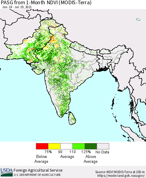 Southern Asia PASG from 1-Month NDVI (Terra-MODIS) Thematic Map For 7/11/2021 - 7/20/2021
