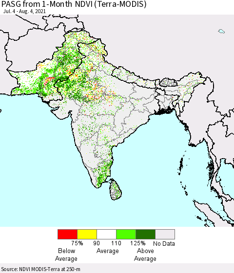 Southern Asia PASG from 1-Month NDVI (Terra-MODIS) Thematic Map For 7/28/2021 - 8/4/2021
