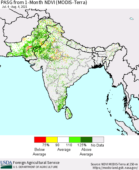 Southern Asia PASG from 1-Month NDVI (Terra-MODIS) Thematic Map For 8/1/2021 - 8/10/2021