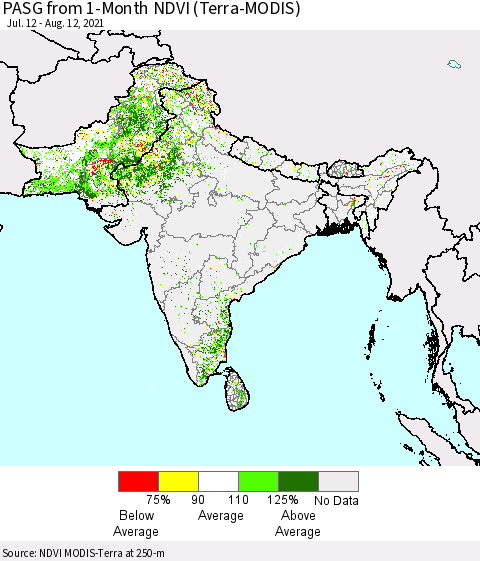 Southern Asia PASG from 1-Month NDVI (Terra-MODIS) Thematic Map For 8/5/2021 - 8/12/2021