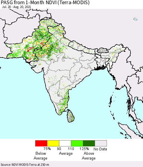 Southern Asia PASG from 1-Month NDVI (Terra-MODIS) Thematic Map For 8/11/2021 - 8/20/2021