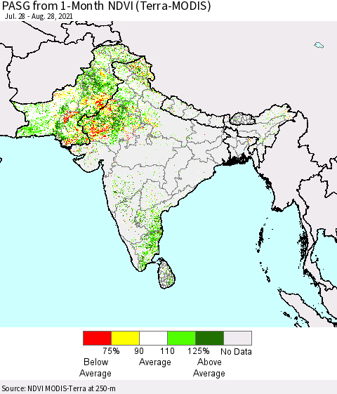 Southern Asia PASG from 1-Month NDVI (Terra-MODIS) Thematic Map For 8/21/2021 - 8/28/2021