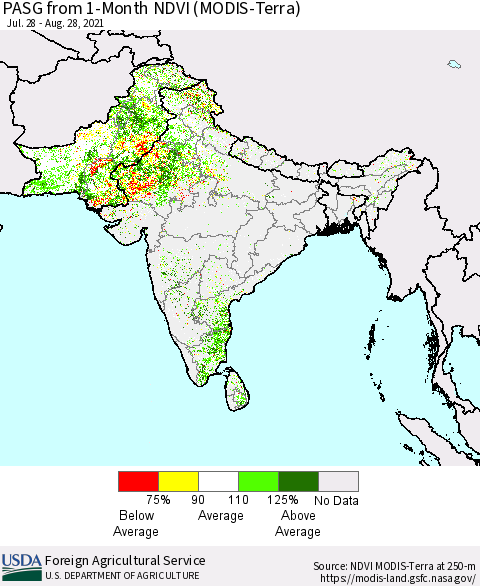 Southern Asia PASG from 1-Month NDVI (Terra-MODIS) Thematic Map For 8/21/2021 - 8/31/2021