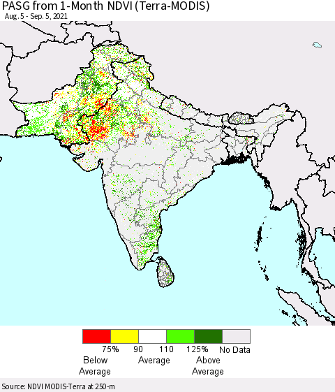 Southern Asia PASG from 1-Month NDVI (Terra-MODIS) Thematic Map For 8/29/2021 - 9/5/2021