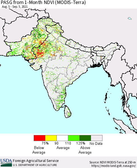 Southern Asia PASG from 1-Month NDVI (Terra-MODIS) Thematic Map For 9/1/2021 - 9/10/2021
