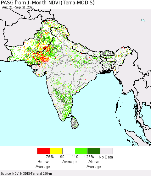 Southern Asia PASG from 1-Month NDVI (Terra-MODIS) Thematic Map For 9/14/2021 - 9/21/2021