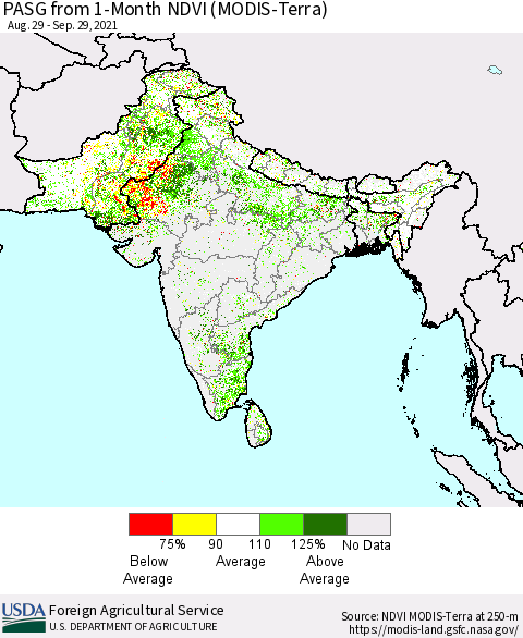 Southern Asia PASG from 1-Month NDVI (Terra-MODIS) Thematic Map For 9/21/2021 - 9/30/2021