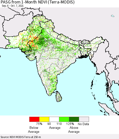 Southern Asia PASG from 1-Month NDVI (Terra-MODIS) Thematic Map For 9/30/2021 - 10/7/2021