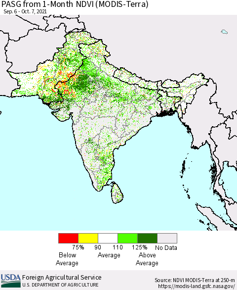 Southern Asia PASG from 1-Month NDVI (Terra-MODIS) Thematic Map For 10/1/2021 - 10/10/2021