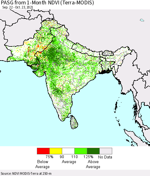 Southern Asia PASG from 1-Month NDVI (Terra-MODIS) Thematic Map For 10/16/2021 - 10/23/2021