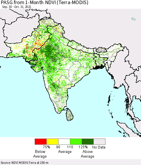 Southern Asia PASG from 1-Month NDVI (Terra-MODIS) Thematic Map For 10/21/2021 - 10/31/2021