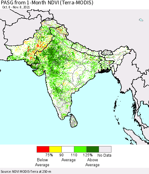 Southern Asia PASG from 1-Month NDVI (Terra-MODIS) Thematic Map For 11/1/2021 - 11/8/2021