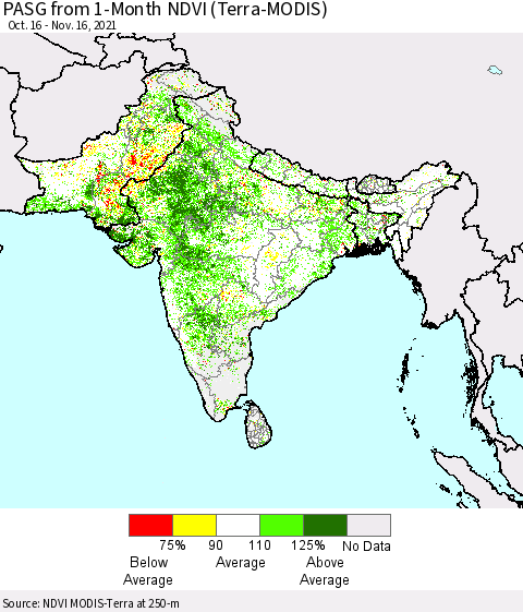 Southern Asia PASG from 1-Month NDVI (Terra-MODIS) Thematic Map For 11/9/2021 - 11/16/2021