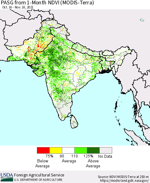 Southern Asia PASG from 1-Month NDVI (MODIS-Terra) Thematic Map For 11/11/2021 - 11/20/2021