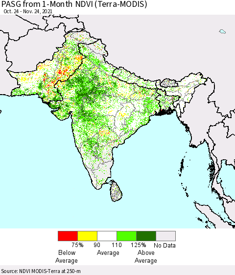 Southern Asia PASG from 1-Month NDVI (Terra-MODIS) Thematic Map For 11/17/2021 - 11/24/2021