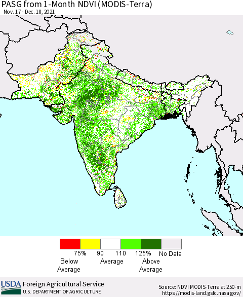 Southern Asia PASG from 1-Month NDVI (Terra-MODIS) Thematic Map For 12/11/2021 - 12/20/2021