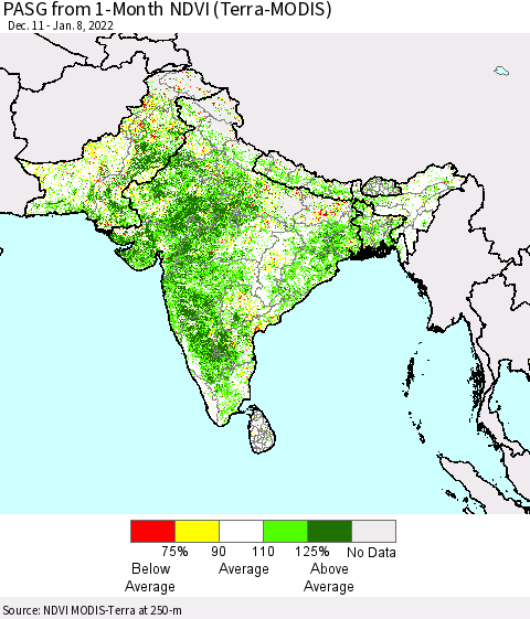 Southern Asia PASG from 1-Month NDVI (Terra-MODIS) Thematic Map For 1/1/2022 - 1/8/2022