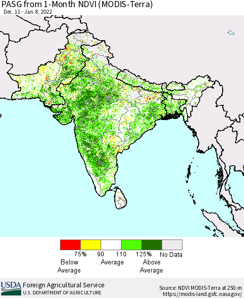 Southern Asia PASG from 1-Month NDVI (Terra-MODIS) Thematic Map For 1/1/2022 - 1/10/2022