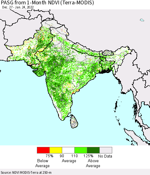 Southern Asia PASG from 1-Month NDVI (Terra-MODIS) Thematic Map For 1/17/2022 - 1/24/2022