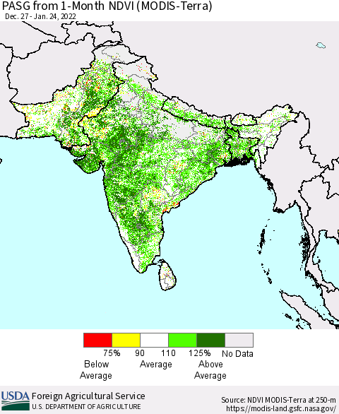 Southern Asia PASG from 1-Month NDVI (Terra-MODIS) Thematic Map For 1/21/2022 - 1/31/2022